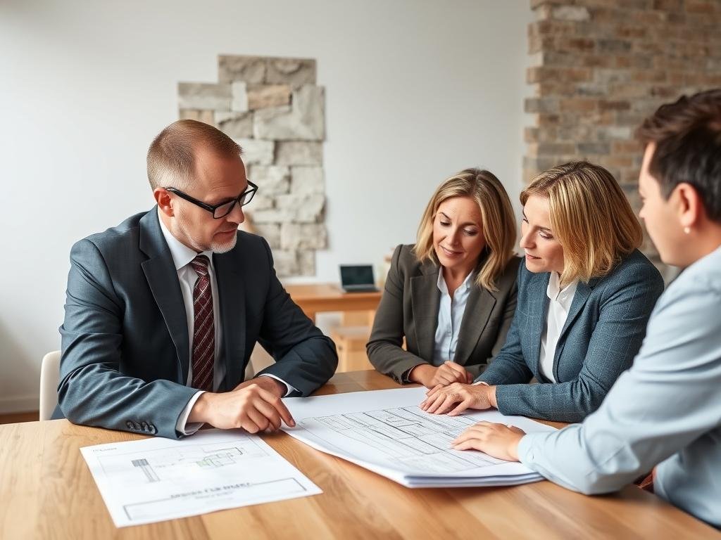 An agreed surveyor party wall professional examining building plans with two property owners